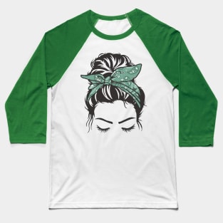 Messy Bun Girl Green Paisley Bandana Baseball T-Shirt